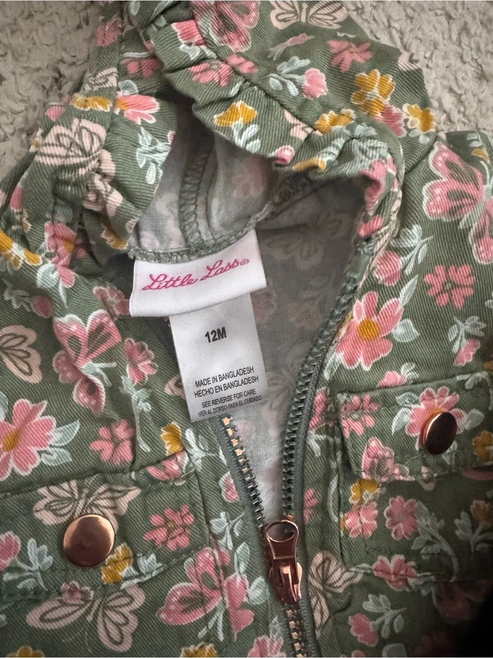 Toddler Floral Jacket with Sherpa Hood + Pink Bambi Footed Romper Set